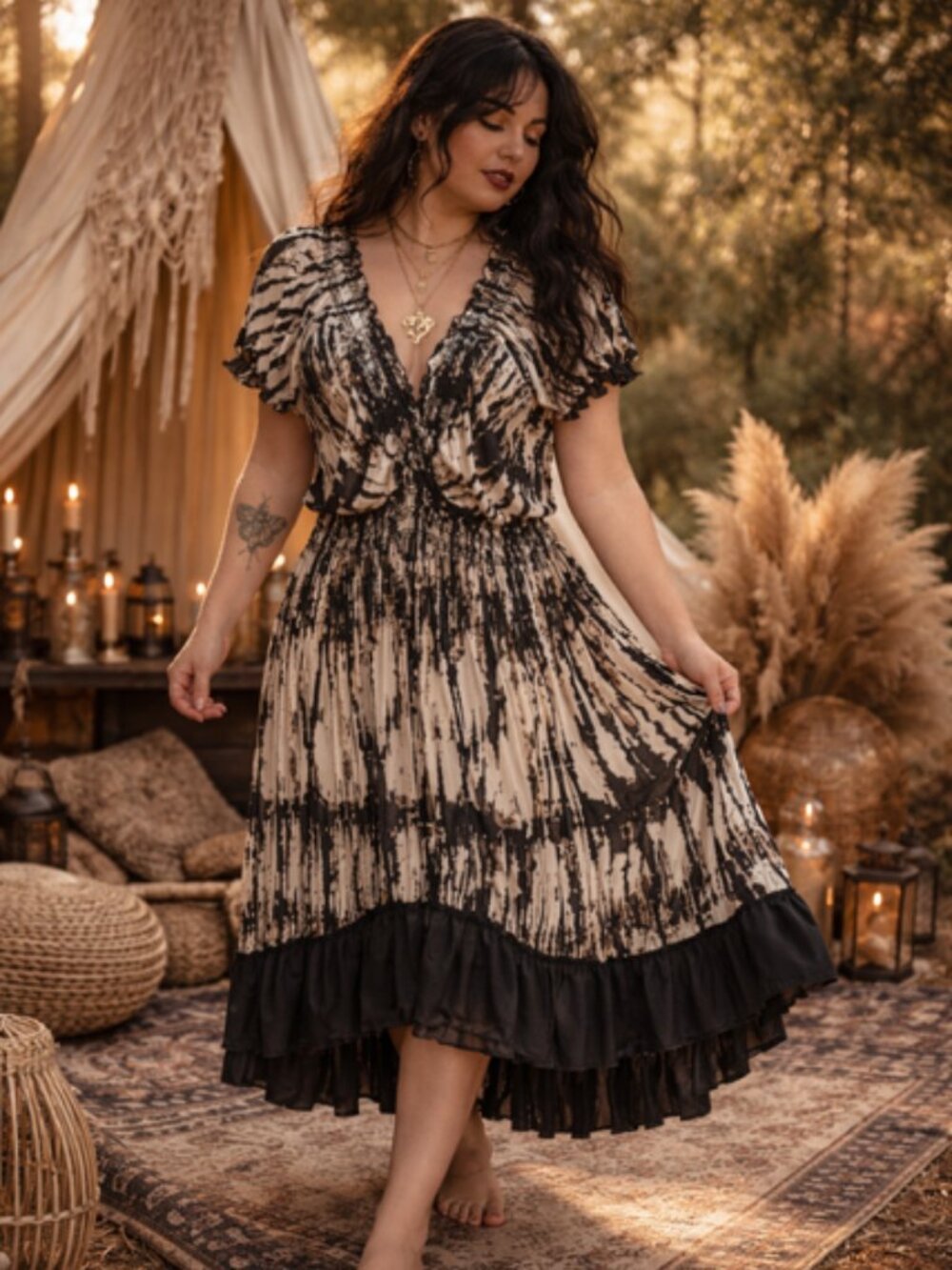 646 Main Black Beige Abstract Print Midi Dress 1X 2X Boho Smocked Waist Flowy